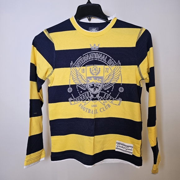 👍L.O.G.G. H&M yellow navy stripe long sleeve graphic t-shirt youth M US - Picture 2 of 7